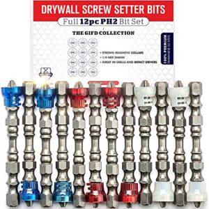 magnetic drywall screw setter bit set | premium 12pc set/w storage case and bit holder - impact ready 1/4in hex shank phillips head ph2 drill driver bits with magnetic collars for drills