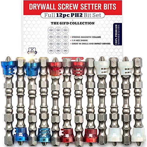 Magnetic Drywall Screw Setter Bit Set | Premium 12pc SET/w Storage Case and Bit Holder - Impact Ready 1/4in Hex Shank Phillips Head PH2 Drill Driver Bits with Magnetic Collars for Drills