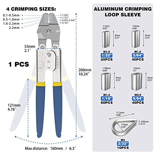 Sanuke Wire Rope Crimping Swaging Tool Cable Crimps up to 2.2mm(2/32inch) with 160pcs 4sizes Aluminum Double Barrel Ferrule Loop Sleeve and 10pcs Stainless Steel Thimble Assortment Kit