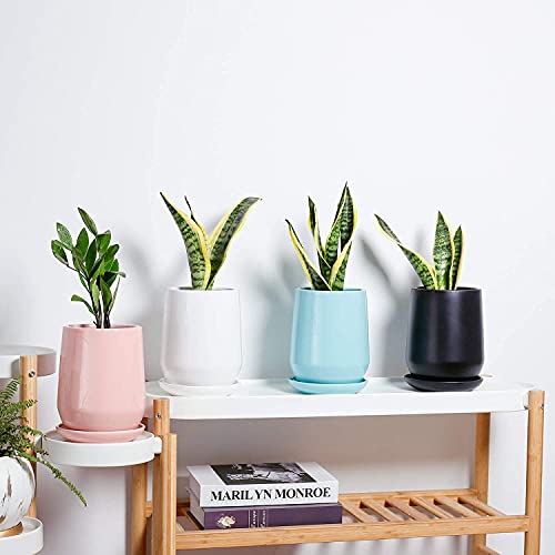 POTEY White Planter Pots for Plants Indoor - 5.3 Inch Glazed Ceramic Plant Pot with Drainage Hole & Saucer for Plants Home Decor 050301, Plants NOT Included