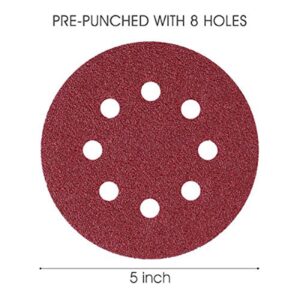 Miady 5-Inch 8-Hole Hook and Loop Sanding Discs 100PCS, 120/240/320/600/800 Assorted Grits Sandpaper - Pack of 100