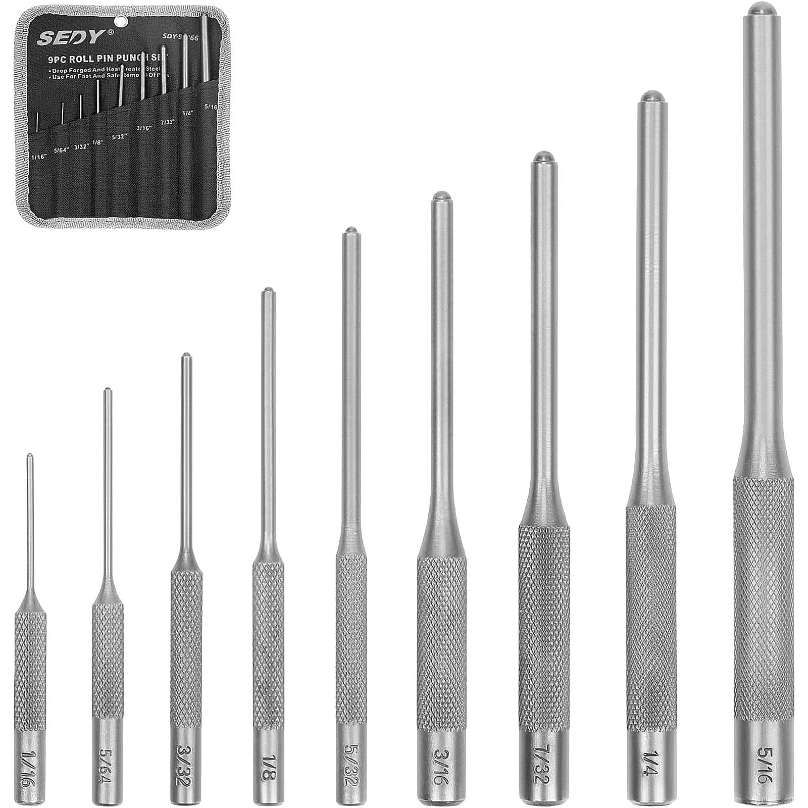 9-Piece Roll Pin Punch Set - Fast Pin Removal - Durable Steel & Construction - For Automotive, Firearm Maintenance, Gunsmithing, Watch, Jewelry & Craft Repair - Knurled Grip - Versatile Sizes