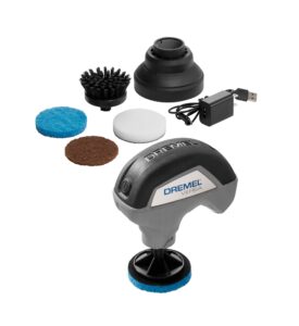 dremel pc10-05 versa 4-volt cordless lithium-ion max power scrubber automotive cleaning tool kit - includes 4 pads, bristle brush, splash guard, and charger
