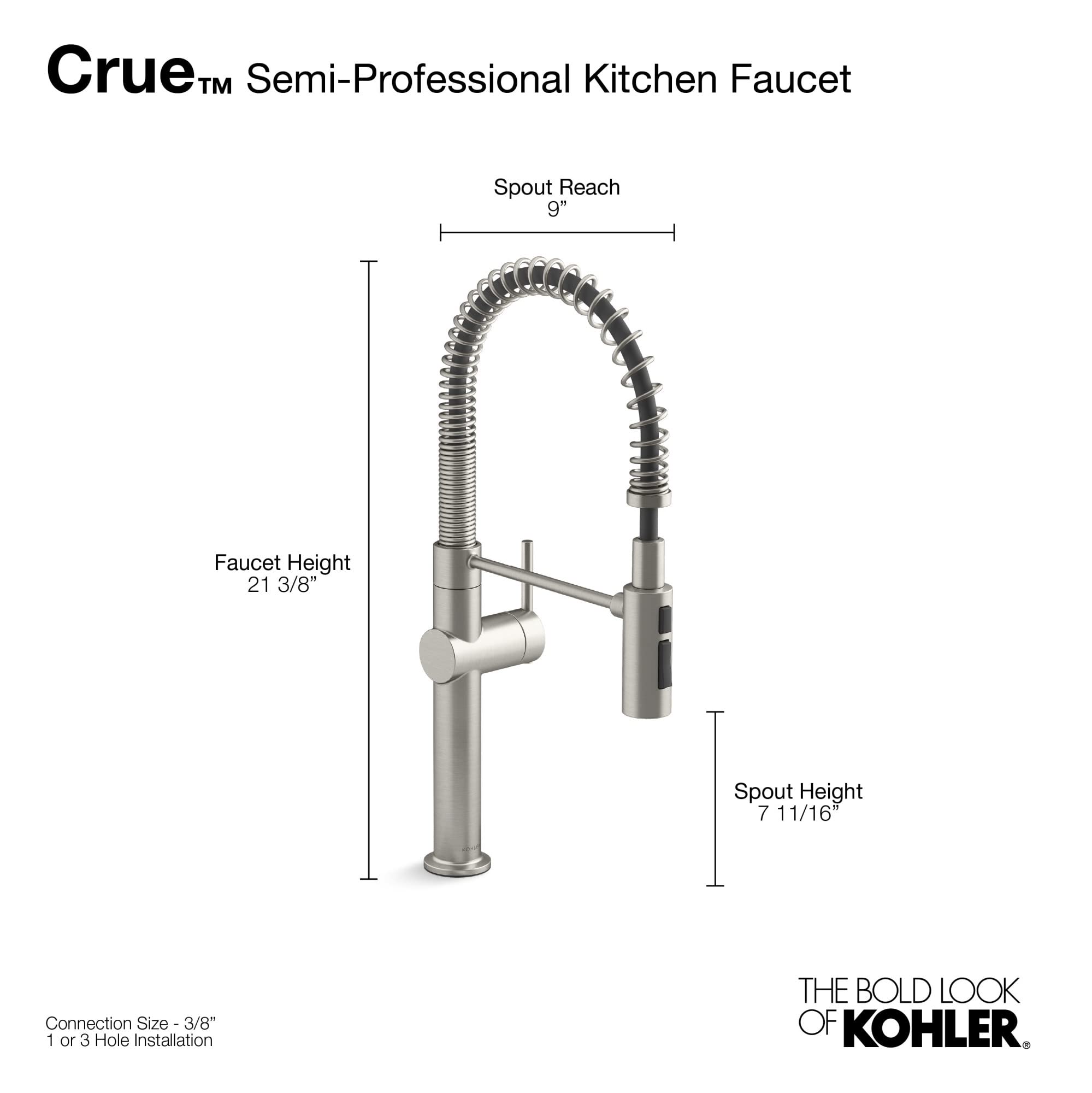 Kohler K-22973-VS Crue Kitchen Sink Faucet, Pre-Rinse Kitchen Faucet, Commercial Faucet, Vibrant Stainless, 2X-Large