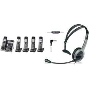 panasonic link2cell bluetooth cordless phone system - 5 handsets - kx-tgf575s (silver) & kx-tca430 comfort-fit, foldable headset, regular, grey/silver