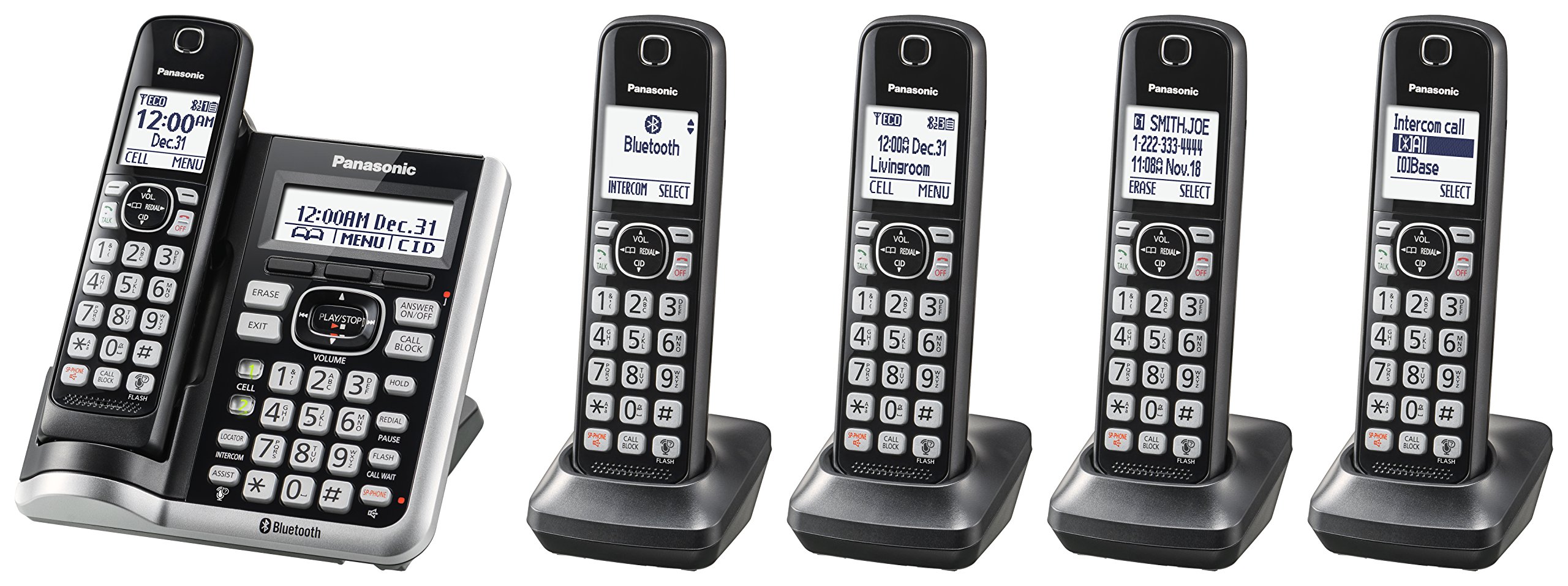 Panasonic Link2Cell Bluetooth Cordless Phone System - 5 Handsets - KX-TGF575S (Silver) & KX-TCA430 Comfort-Fit, Foldable Headset, Regular, Grey/Silver