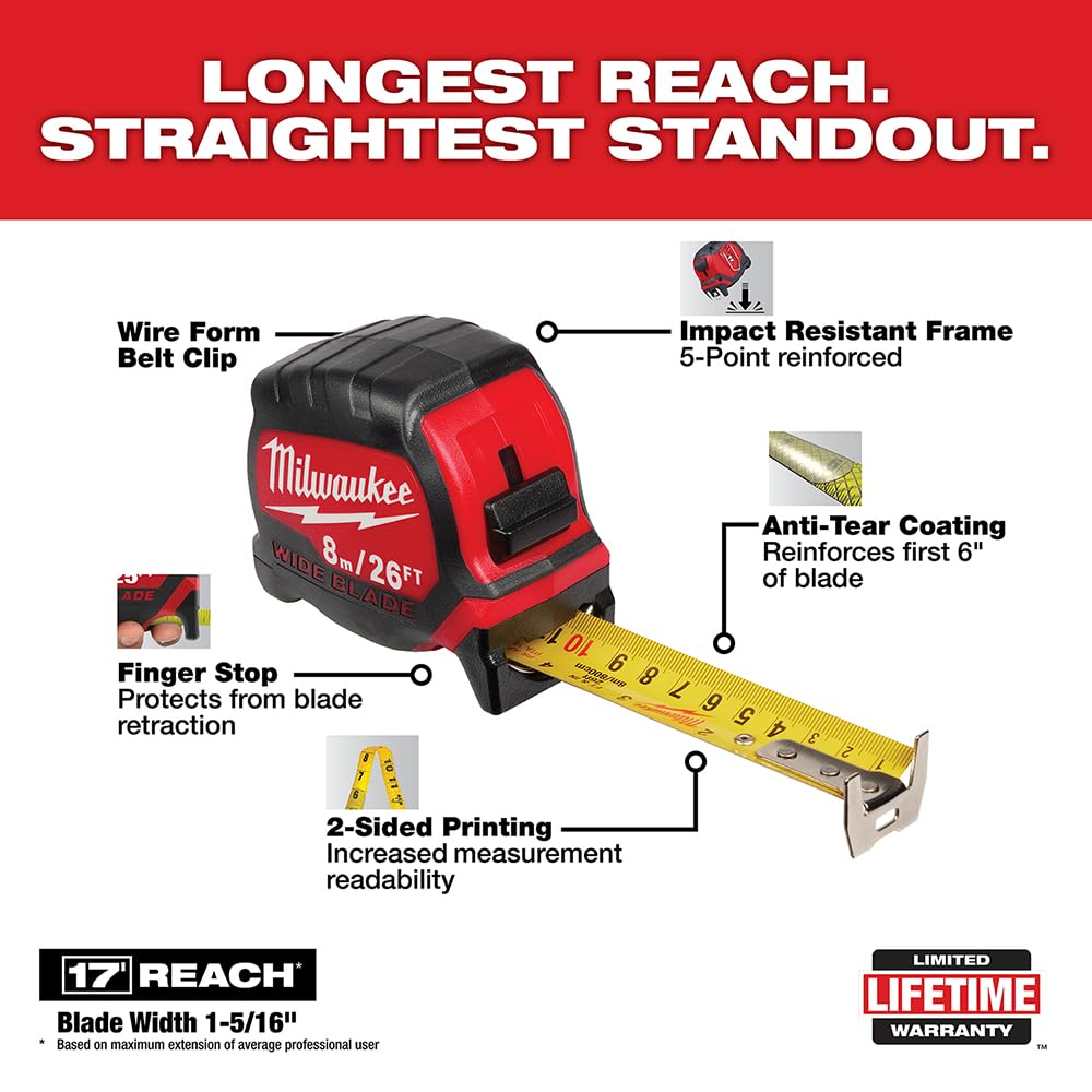 MILWAUKEE 8M/26Ft Wide Blade Tape Measur