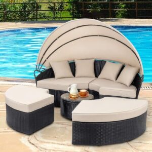 walsunny patio furniture round daybed with retractable canopy, outdoor wicker rattan sectional sofa set,seating separates cushioned seats for patio lawn backyard pool