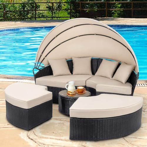 Walsunny Patio Furniture Round Daybed with Retractable Canopy, Outdoor Wicker Rattan Sectional Sofa Set,Seating Separates Cushioned Seats for Patio Lawn Backyard Pool