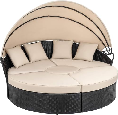 Walsunny Patio Furniture Round Daybed with Retractable Canopy, Outdoor Wicker Rattan Sectional Sofa Set,Seating Separates Cushioned Seats for Patio Lawn Backyard Pool