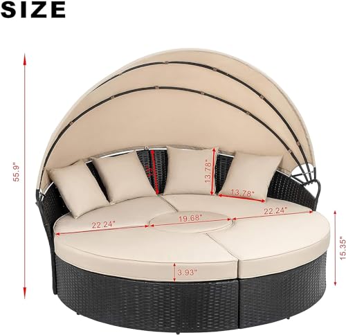 Walsunny Patio Furniture Round Daybed with Retractable Canopy, Outdoor Wicker Rattan Sectional Sofa Set,Seating Separates Cushioned Seats for Patio Lawn Backyard Pool