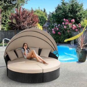 Walsunny Patio Furniture Round Daybed with Retractable Canopy, Outdoor Wicker Rattan Sectional Sofa Set,Seating Separates Cushioned Seats for Patio Lawn Backyard Pool