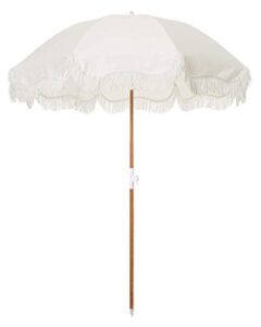 business & pleasure co. holiday beach umbrella ~ white boho fringe umbrella, upf 50+, 1" tilting wood pole, 5’w x 6.5’h