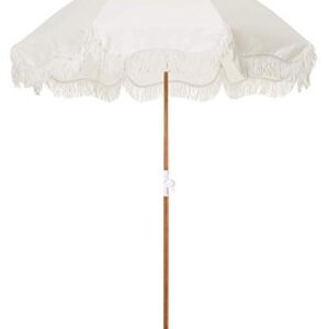 Business & Pleasure Co. Holiday Beach Umbrella ~ White Boho Fringe Umbrella, UPF 50+, 1" Tilting Wood Pole, 5’W x 6.5’H