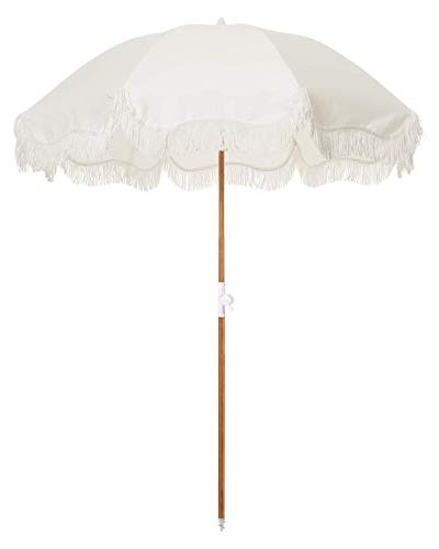 Business & Pleasure Co. Holiday Beach Umbrella ~ White Boho Fringe Umbrella, UPF 50+, 1" Tilting Wood Pole, 5’W x 6.5’H