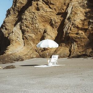 Business & Pleasure Co. Holiday Beach Umbrella ~ White Boho Fringe Umbrella, UPF 50+, 1" Tilting Wood Pole, 5’W x 6.5’H