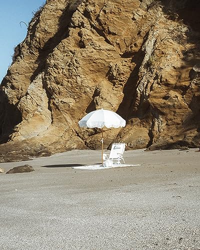 Business & Pleasure Co. Holiday Beach Umbrella ~ White Boho Fringe Umbrella, UPF 50+, 1" Tilting Wood Pole, 5’W x 6.5’H