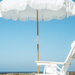 Business & Pleasure Co. Holiday Beach Umbrella ~ White Boho Fringe Umbrella, UPF 50+, 1" Tilting Wood Pole, 5’W x 6.5’H