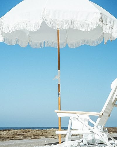 Business & Pleasure Co. Holiday Beach Umbrella ~ White Boho Fringe Umbrella, UPF 50+, 1" Tilting Wood Pole, 5’W x 6.5’H