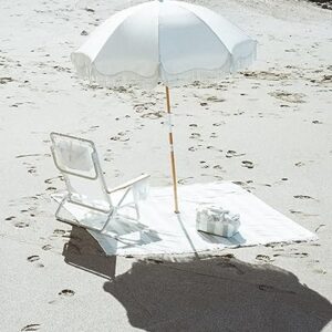 Business & Pleasure Co. Holiday Beach Umbrella ~ White Boho Fringe Umbrella, UPF 50+, 1" Tilting Wood Pole, 5’W x 6.5’H