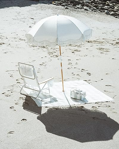 Business & Pleasure Co. Holiday Beach Umbrella ~ White Boho Fringe Umbrella, UPF 50+, 1" Tilting Wood Pole, 5’W x 6.5’H