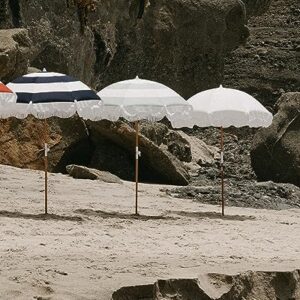 Business & Pleasure Co. Holiday Beach Umbrella ~ White Boho Fringe Umbrella, UPF 50+, 1" Tilting Wood Pole, 5’W x 6.5’H