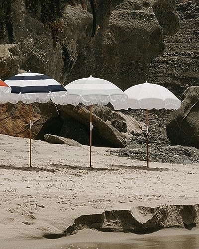 Business & Pleasure Co. Holiday Beach Umbrella ~ White Boho Fringe Umbrella, UPF 50+, 1" Tilting Wood Pole, 5’W x 6.5’H