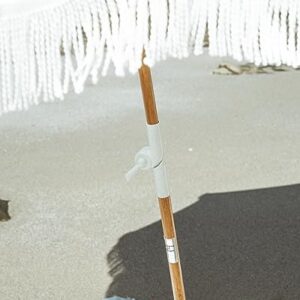 Business & Pleasure Co. Holiday Beach Umbrella ~ White Boho Fringe Umbrella, UPF 50+, 1" Tilting Wood Pole, 5’W x 6.5’H