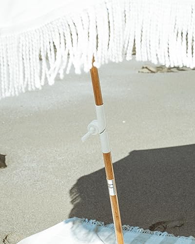 Business & Pleasure Co. Holiday Beach Umbrella ~ White Boho Fringe Umbrella, UPF 50+, 1" Tilting Wood Pole, 5’W x 6.5’H