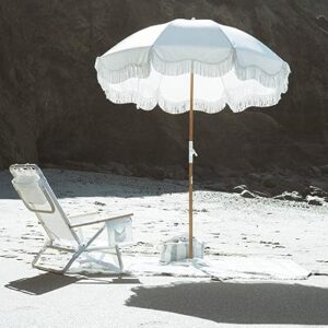 Business & Pleasure Co. Holiday Beach Umbrella ~ White Boho Fringe Umbrella, UPF 50+, 1" Tilting Wood Pole, 5’W x 6.5’H