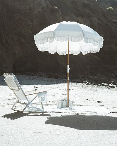 Business & Pleasure Co. Holiday Beach Umbrella ~ White Boho Fringe Umbrella, UPF 50+, 1" Tilting Wood Pole, 5’W x 6.5’H