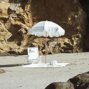 Business & Pleasure Co. Holiday Beach Umbrella ~ White Boho Fringe Umbrella, UPF 50+, 1" Tilting Wood Pole, 5’W x 6.5’H