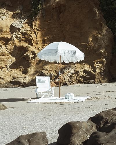 Business & Pleasure Co. Holiday Beach Umbrella ~ White Boho Fringe Umbrella, UPF 50+, 1" Tilting Wood Pole, 5’W x 6.5’H