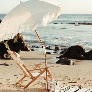 Business & Pleasure Co. Holiday Beach Umbrella ~ White Boho Fringe Umbrella, UPF 50+, 1" Tilting Wood Pole, 5’W x 6.5’H