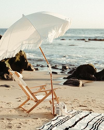 Business & Pleasure Co. Holiday Beach Umbrella ~ White Boho Fringe Umbrella, UPF 50+, 1" Tilting Wood Pole, 5’W x 6.5’H