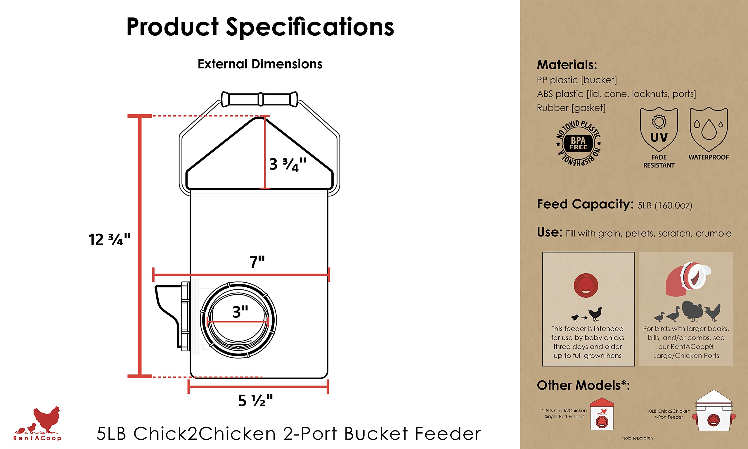 RentACoop Chick2Chicken 5lb 2-Port Feeder - Includes Anti-Roost Lid and Slider Port Covers - Suitable for Quail, Pigeons, Doves, Chicks, and Adult Chickens