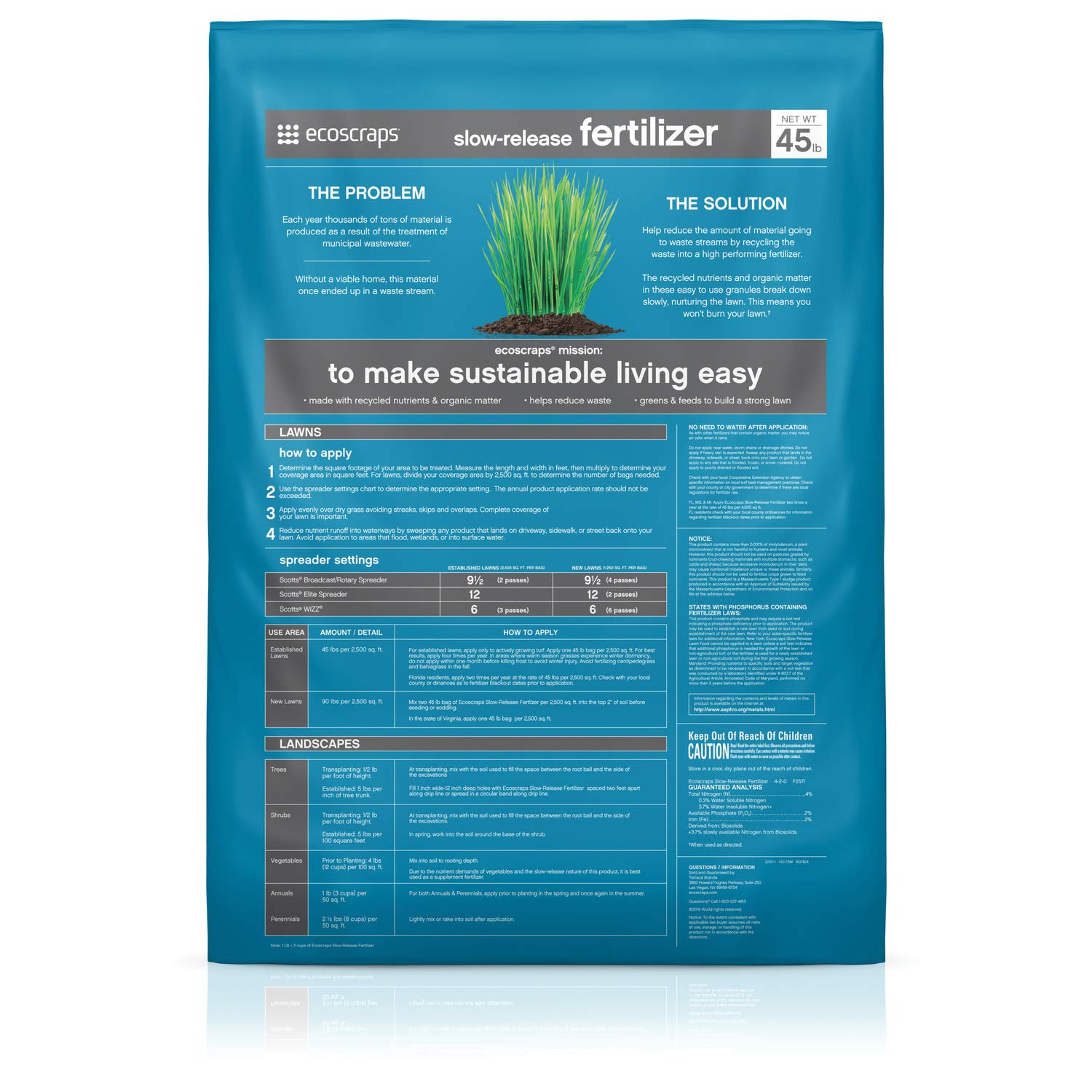 EcoScraps Slow-Release Fertilizer, Made with Recycled Nutrients and Organic Matter, Covers up to 2,500 sq. ft., 45 lbs.