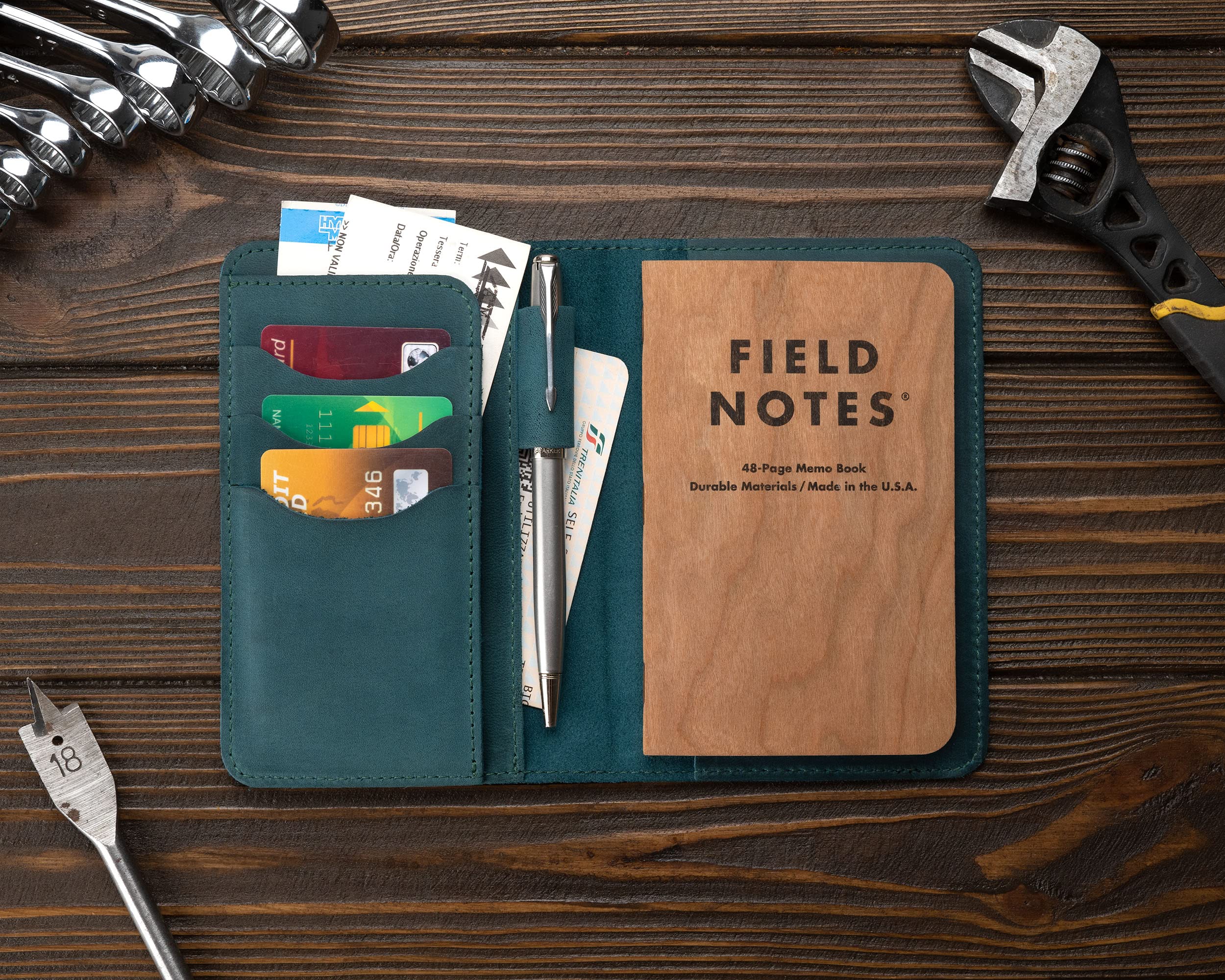 Leather Journal Cover for Moleskine Cahier Notebook Pocket size with pen holder 3.5" x 5.5" Personalized Refillable Cover Compatible with Field Notes