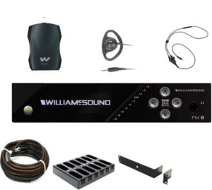 williams av fm 557-12 pro d large-area dual fm plus assistive listening dante systems with fm t55 transmitter, (12) ppa r37n receivers, (12) ear 022 earphones, (3) nkl 001 neckloops