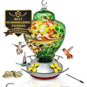 Hummingbird Feeder for Hanging Outside - Stunning Hand Paint Blown Glass - All Weather Guard and Ant and Bee Proof - New Modern Perky Sealer for No Leak Parts - Free Extra Accessories (Emerald Green)