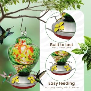 Hummingbird Feeder for Hanging Outside - Stunning Hand Paint Blown Glass - All Weather Guard and Ant and Bee Proof - New Modern Perky Sealer for No Leak Parts - Free Extra Accessories (Emerald Green)