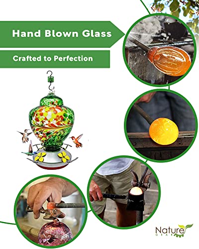 Hummingbird Feeder for Hanging Outside - Stunning Hand Paint Blown Glass - All Weather Guard and Ant and Bee Proof - New Modern Perky Sealer for No Leak Parts - Free Extra Accessories (Emerald Green)