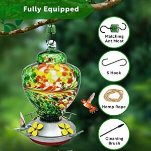 Hummingbird Feeder for Hanging Outside - Stunning Hand Paint Blown Glass - All Weather Guard and Ant and Bee Proof - New Modern Perky Sealer for No Leak Parts - Free Extra Accessories (Emerald Green)