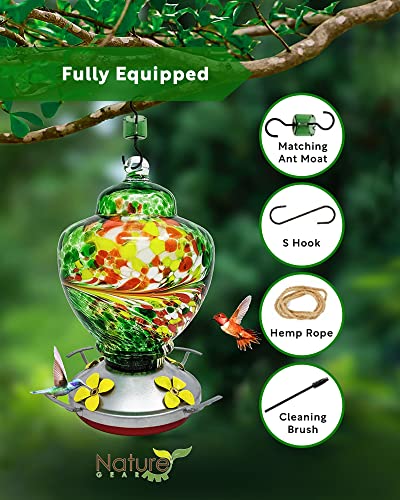 Hummingbird Feeder for Hanging Outside - Stunning Hand Paint Blown Glass - All Weather Guard and Ant and Bee Proof - New Modern Perky Sealer for No Leak Parts - Free Extra Accessories (Emerald Green)