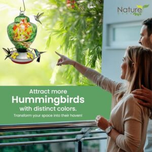 Hummingbird Feeder for Hanging Outside - Stunning Hand Paint Blown Glass - All Weather Guard and Ant and Bee Proof - New Modern Perky Sealer for No Leak Parts - Free Extra Accessories (Emerald Green)