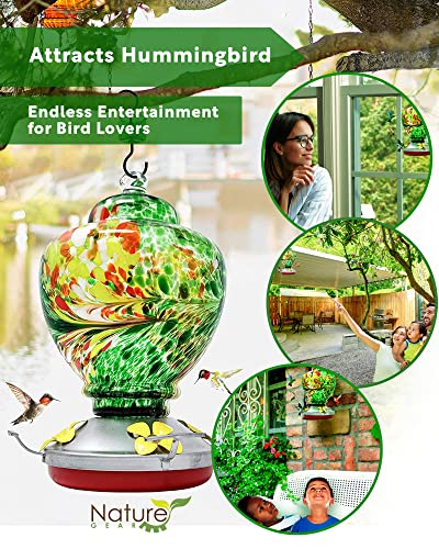 Hummingbird Feeder for Hanging Outside - Stunning Hand Paint Blown Glass - All Weather Guard and Ant and Bee Proof - New Modern Perky Sealer for No Leak Parts - Free Extra Accessories (Emerald Green)