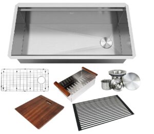 kingsman all-in-one workstation 36 in. 16-gauge undermount single bowl stainless steel kitchen sink w/build-in ledge and accessories (brushed stainless steel)