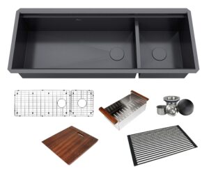 kingsman all-in-one workstation 48 in. 16-gauge undermount double bowl stainless steel kitchen sink w/build-in ledge and accessories (galaxy pearl black)