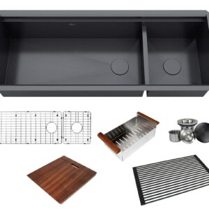 KINGSMAN ALL-IN-ONE Workstation 48 in. 16-Gauge Undermount Double Bowl Stainless Steel Kitchen Sink w/Build-in Ledge and Accessories (Galaxy Pearl Black)