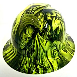 Wet Works Imaging Customized Pyramex Full Brim Hydro Dipped in Green ACE of Skulls Hard HAT with Ratcheting Suspension Custom LIDS Crazy Sick Construction PPE